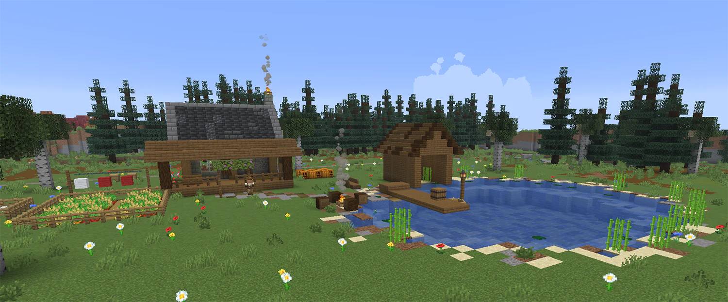 Minecraft stone cottage beside a lake with a dock, garden and minecart rail