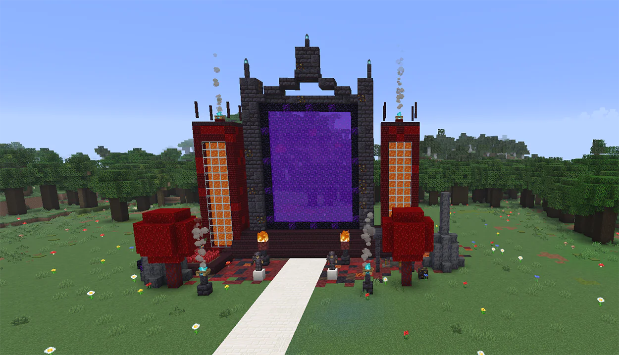 Large Minecraft nether portal framed in blackstone with lava columns and crimson plants