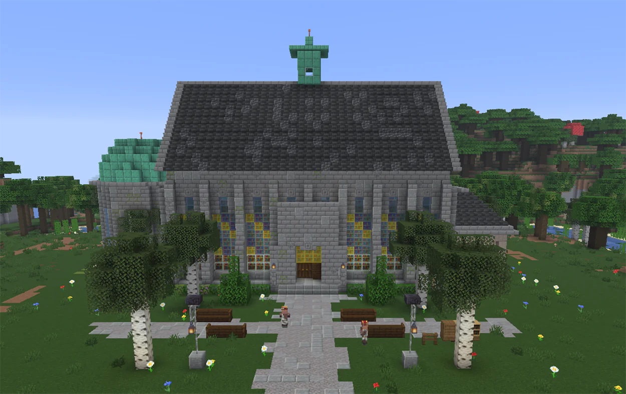 Minecraft stone library with stained glass windows