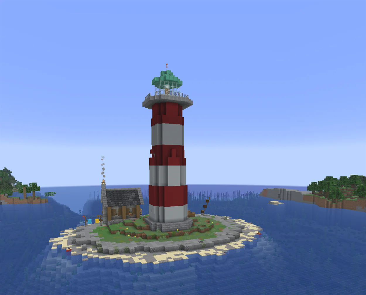 Minecraft red and white striped lighthouse on a rocky island with a house