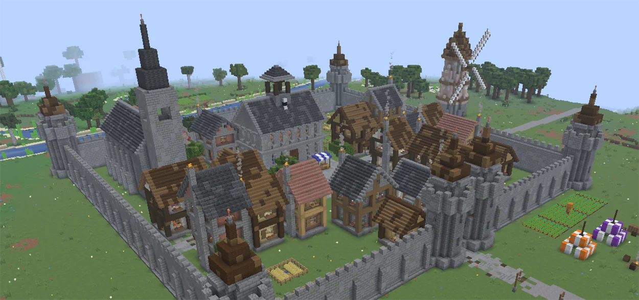 Minecraft medieval town with stone walls, market square, town hall and church