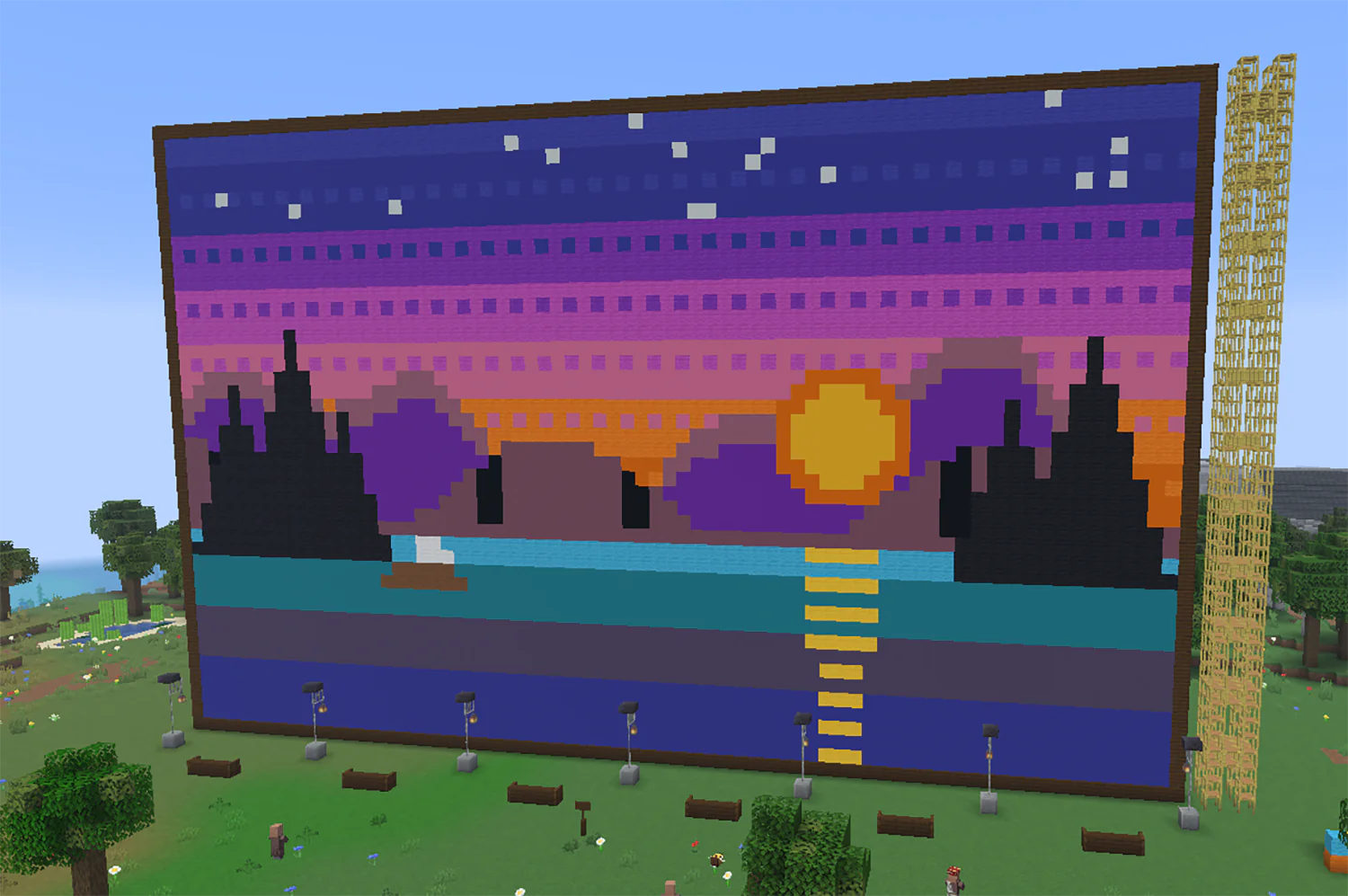 Minecraft pixel art of a sunset over mountains and a lake, made from wool and concrete