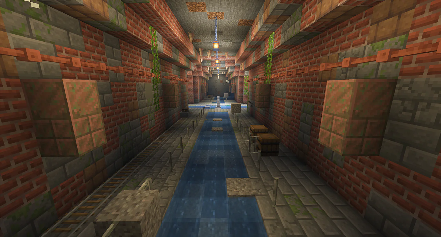 Minecraft brick sewer tunnels with water channels, walkways, iron bars and lanterns