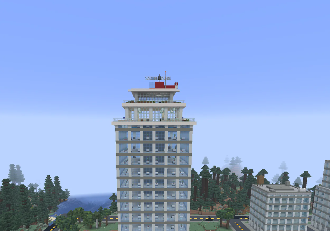 Minecraft glass skyscraper with a penthouse, pool terrace and roof garden