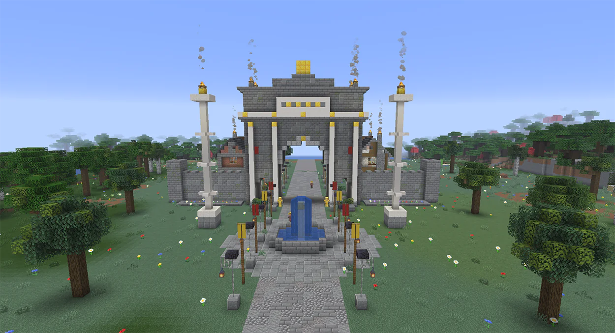 Minecraft stone archway with quartz columns and gold trim over a road