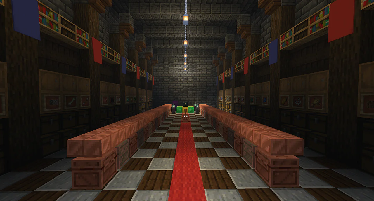 Minecraft storage room with chest walls, copper chests and an ender chest on a gold pedestal