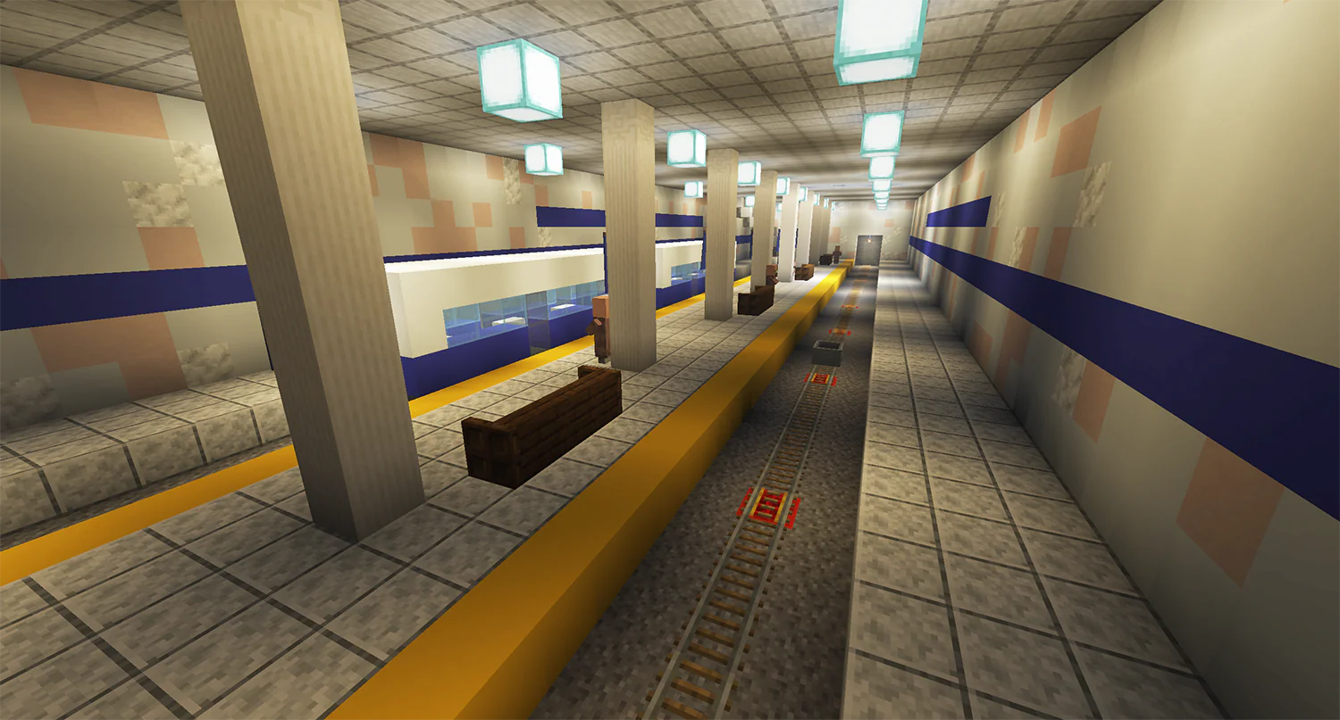 Minecraft underground subway station with a train