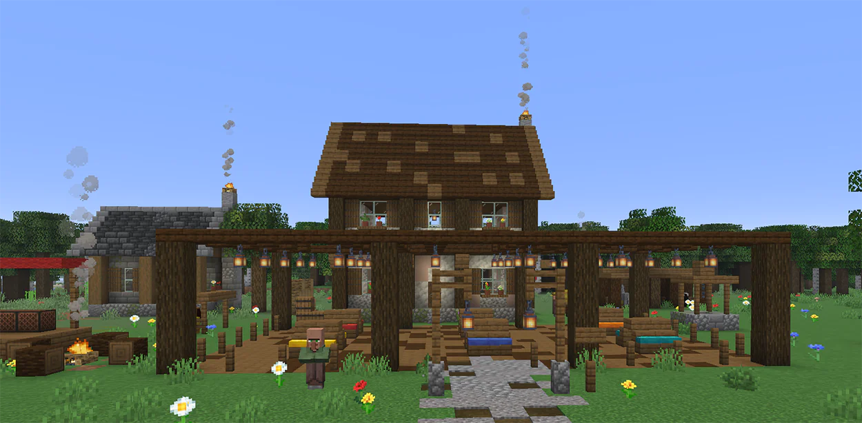 Minecraft wooden tavern restaurant with a patio, lanterns and cushions on the benches